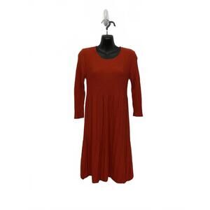 Eileen Fisher Ribbed Pleated 100% Wool Long Sleeve Dress in Rust Red size XS